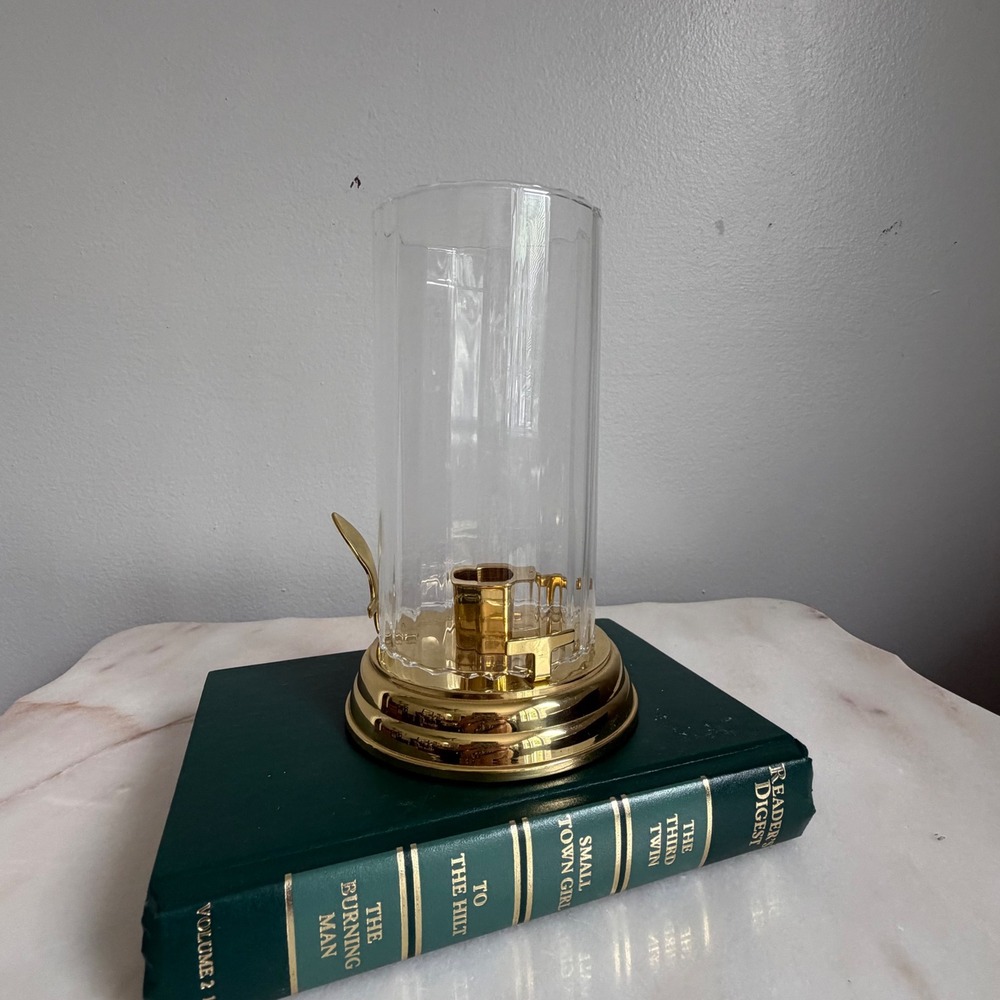 PartyLite Brass Hurricane Candle Holder with Fluted Glass Chimney Gold Tone